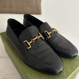 Massimo Dutti Black Leather Loafers with Horse-bit Gold Accent